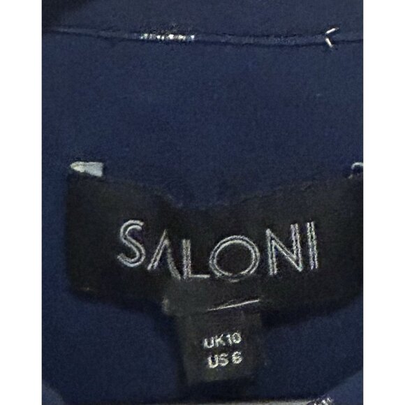 SALONI Navy Tilly Dress Womens Sz 6 Metallic Polka Dots Silk Ruffle Drop Waist - Picture 2 of 16